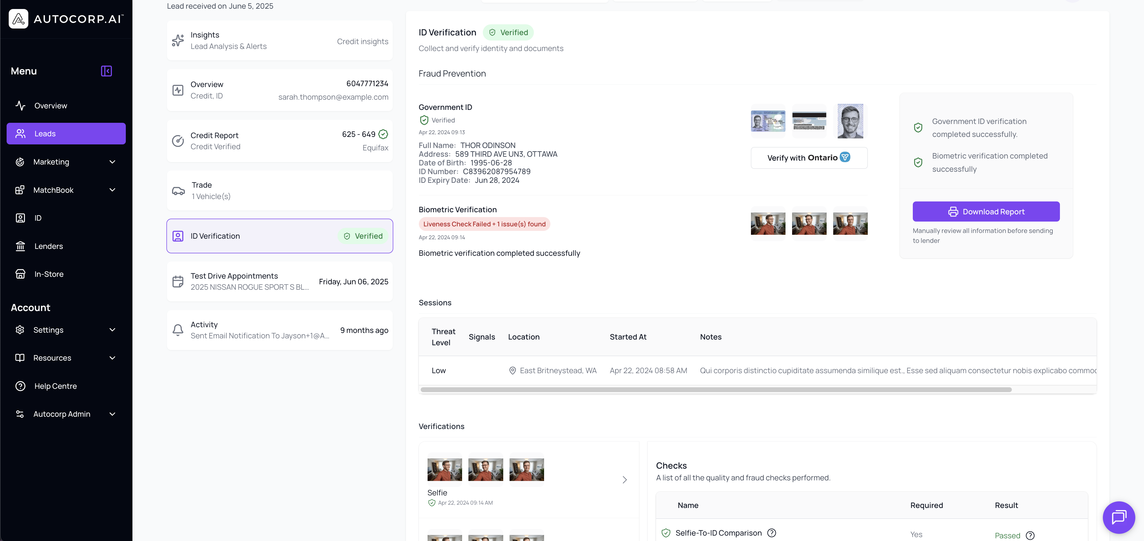 AVA™ Verified ID + Credit — ID verification dashboard